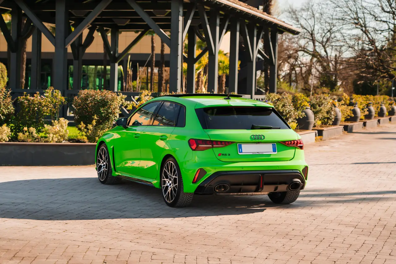 Audi RS3 Restyling 2025, exterior — Luxury Car Rental Switzerland, Switzerland. Audi RS3 Restyling in Switzerland The Audi RS3 Restyling, model year 2025, is available…