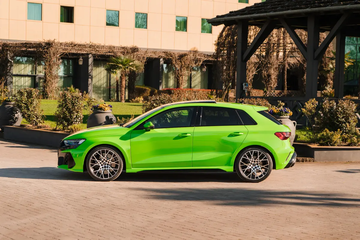 Audi RS3 Restyling 2025, front view — Luxury Car Rental Switzerland, Switzerland. Audi RS3 Restyling in Switzerland The Audi RS3 Restyling, model year 2025, is available…