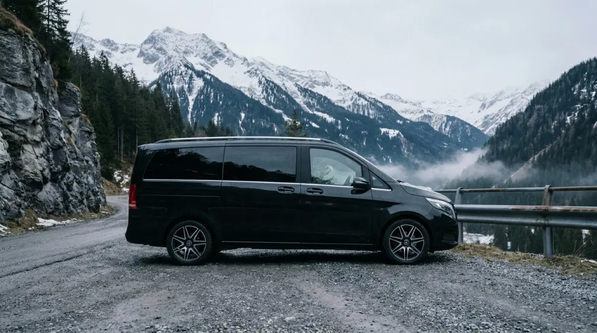 Mercedes Benz V300 8 seats 2025, Heckansicht — Luxury Car Rental Switzerland, Switzerland. Mercedes Benz V300 8 seats in Switzerland Der Mercedes Benz V300 8 seats steht in…