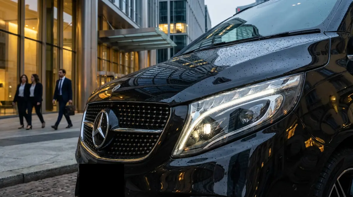 Mercedes V Class 2026, Frontansicht — Luxury Car Rental Switzerland, Switzerland. Mercedes Benz V Class in Switzerland Die Mercedes Benz V Class aus dem Modelljahr 2026…