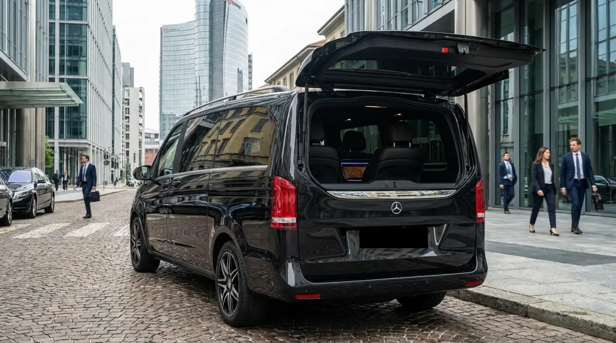 Mercedes V Class 2026, Heckansicht — Luxury Car Rental Switzerland, Switzerland. Mercedes Benz V Class in Switzerland Die Mercedes Benz V Class aus dem Modelljahr 2026…
